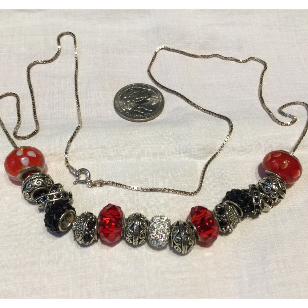 Pandora like red and black necklace - 15 charms (C579)